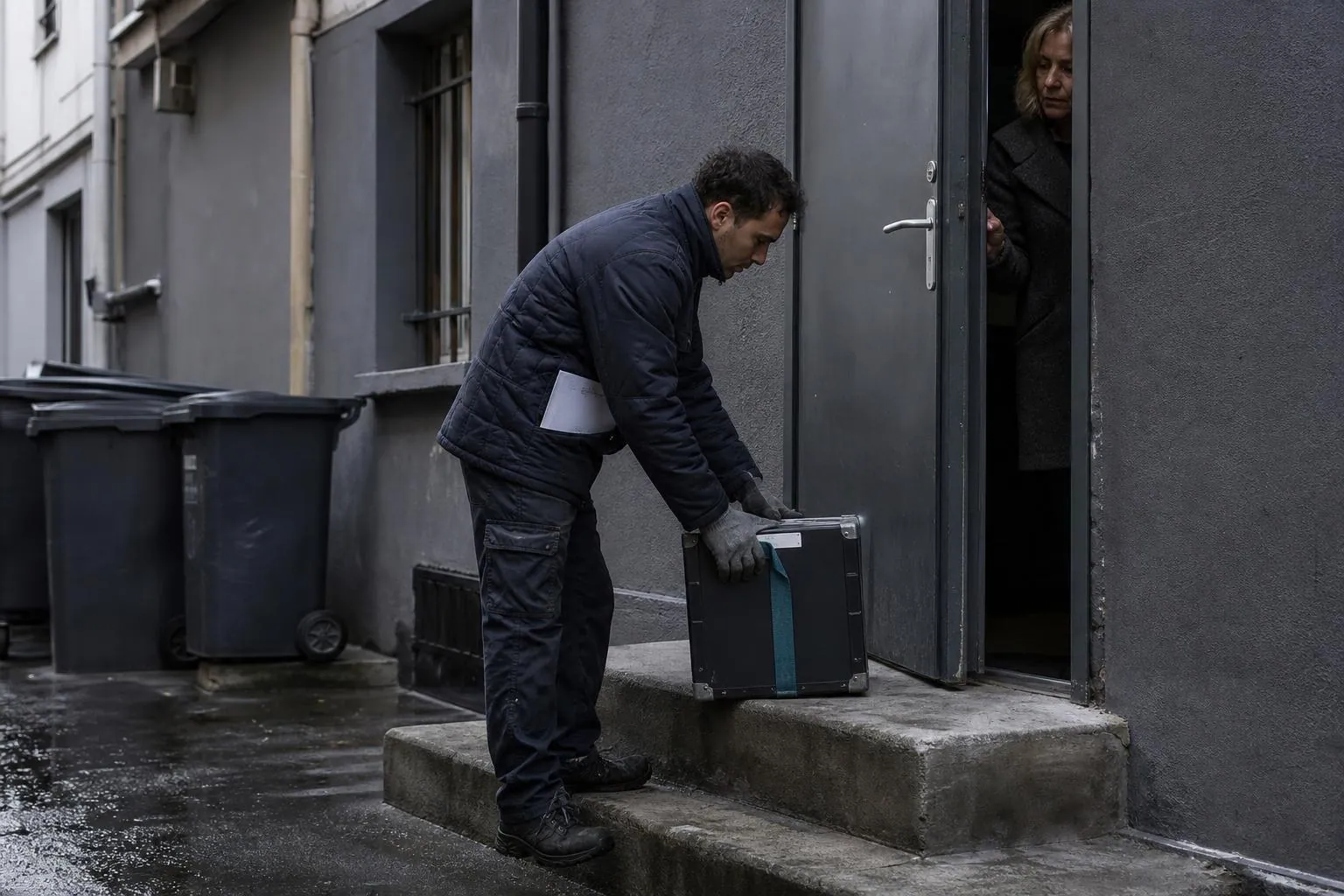 Un livreur depose une caisse de transport rigide devant l'entree de service d'un cinema, tot le matin