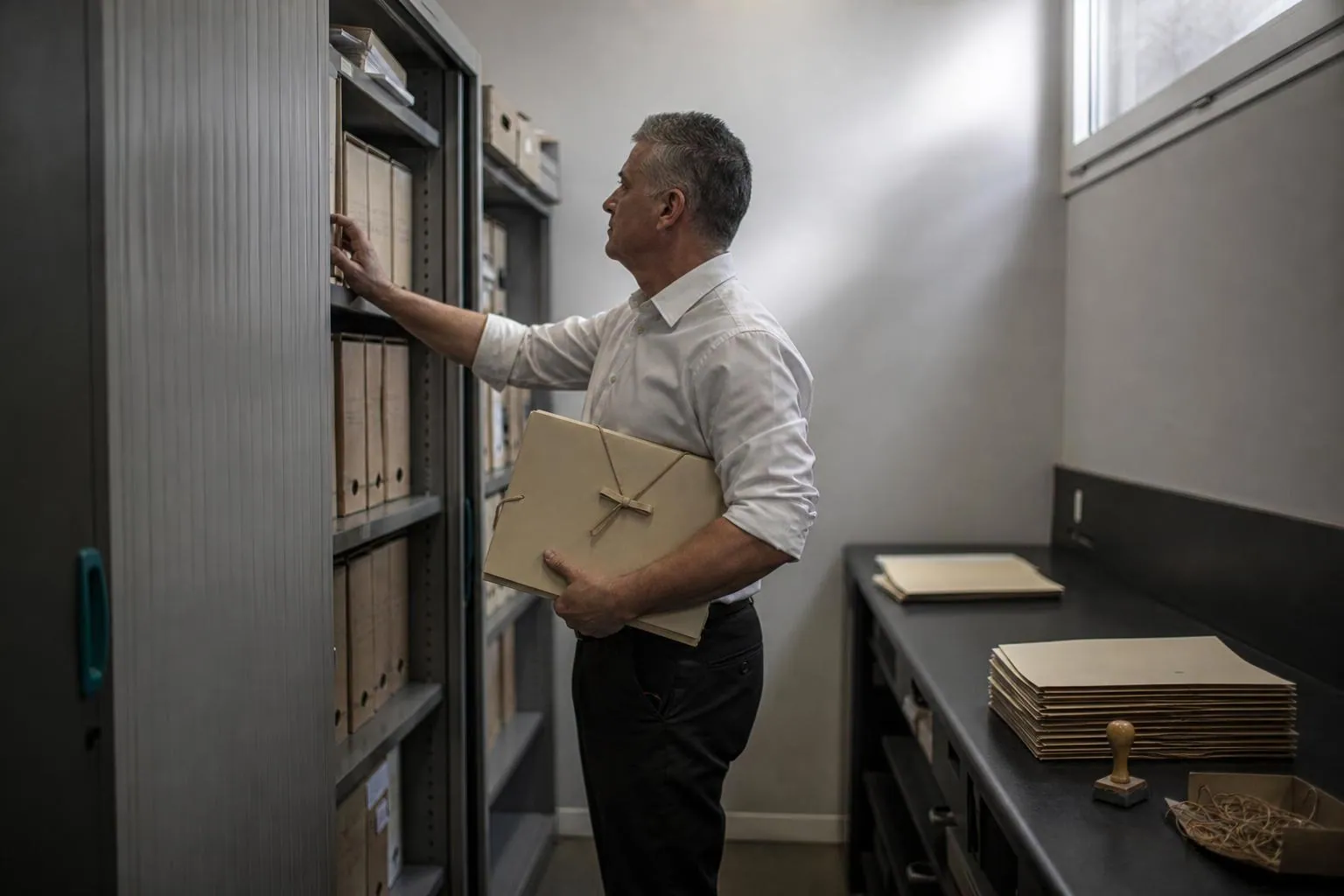 Un agent municipal referme un dossier a sangles dans le bureau administratif d'une regie de cinema