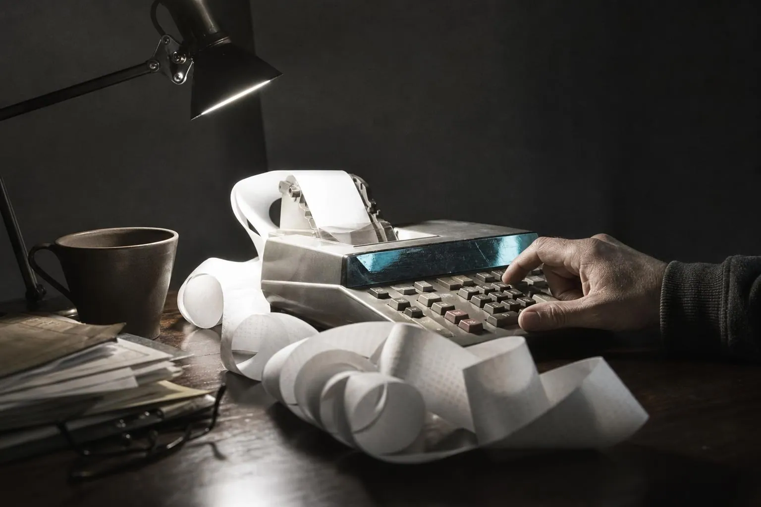 Une calculatrice a bande papier posee sur un bureau de cinema le soir, le ruban imprime deroule sur le plateau