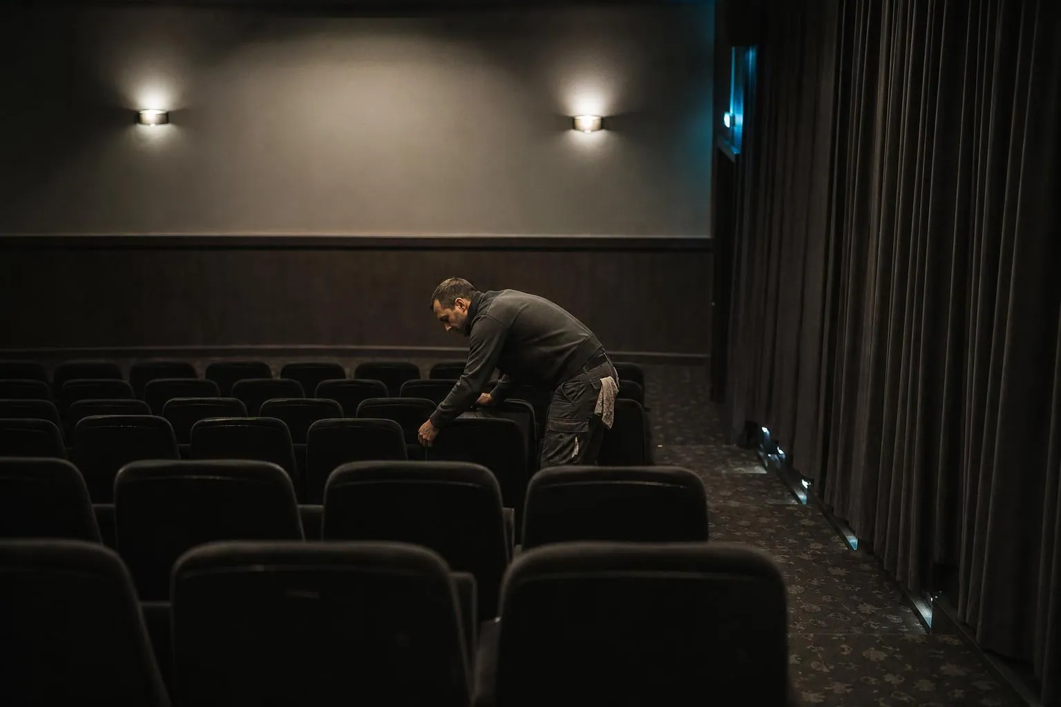 Un exploitant remet en place les fauteuils d'une salle de cinema vide, eclairee par la seule lumiere de service