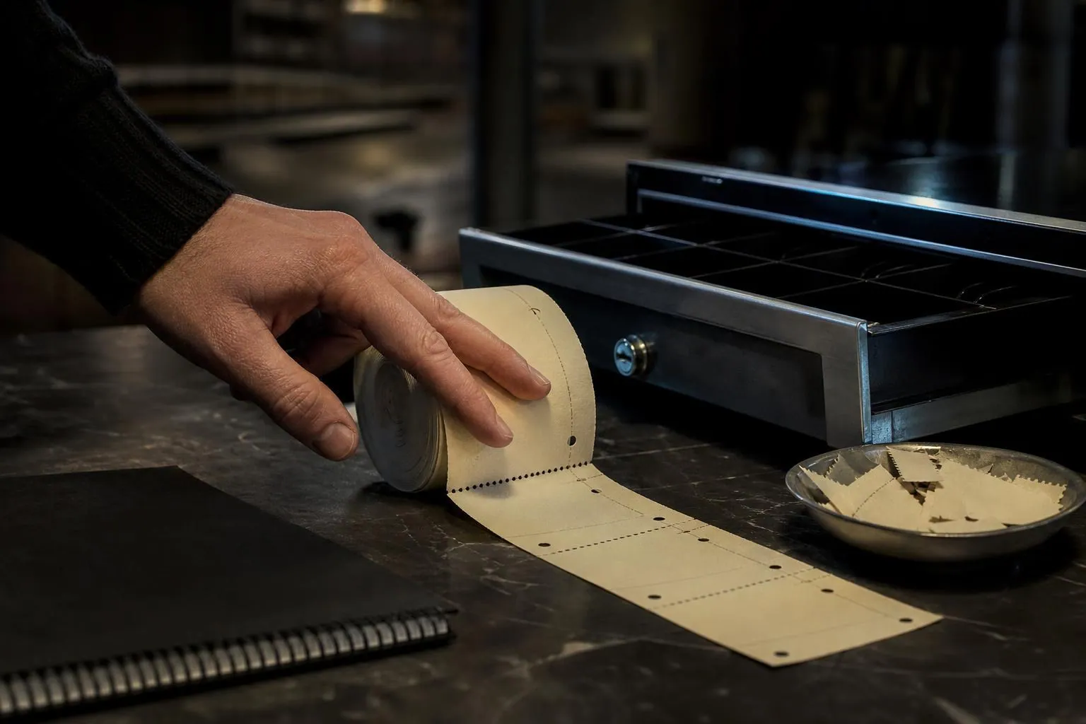 Gros plan sur une caisse de cinema fermee, avec un rouleau de billets cartonnes et des souches detachees dans une coupelle