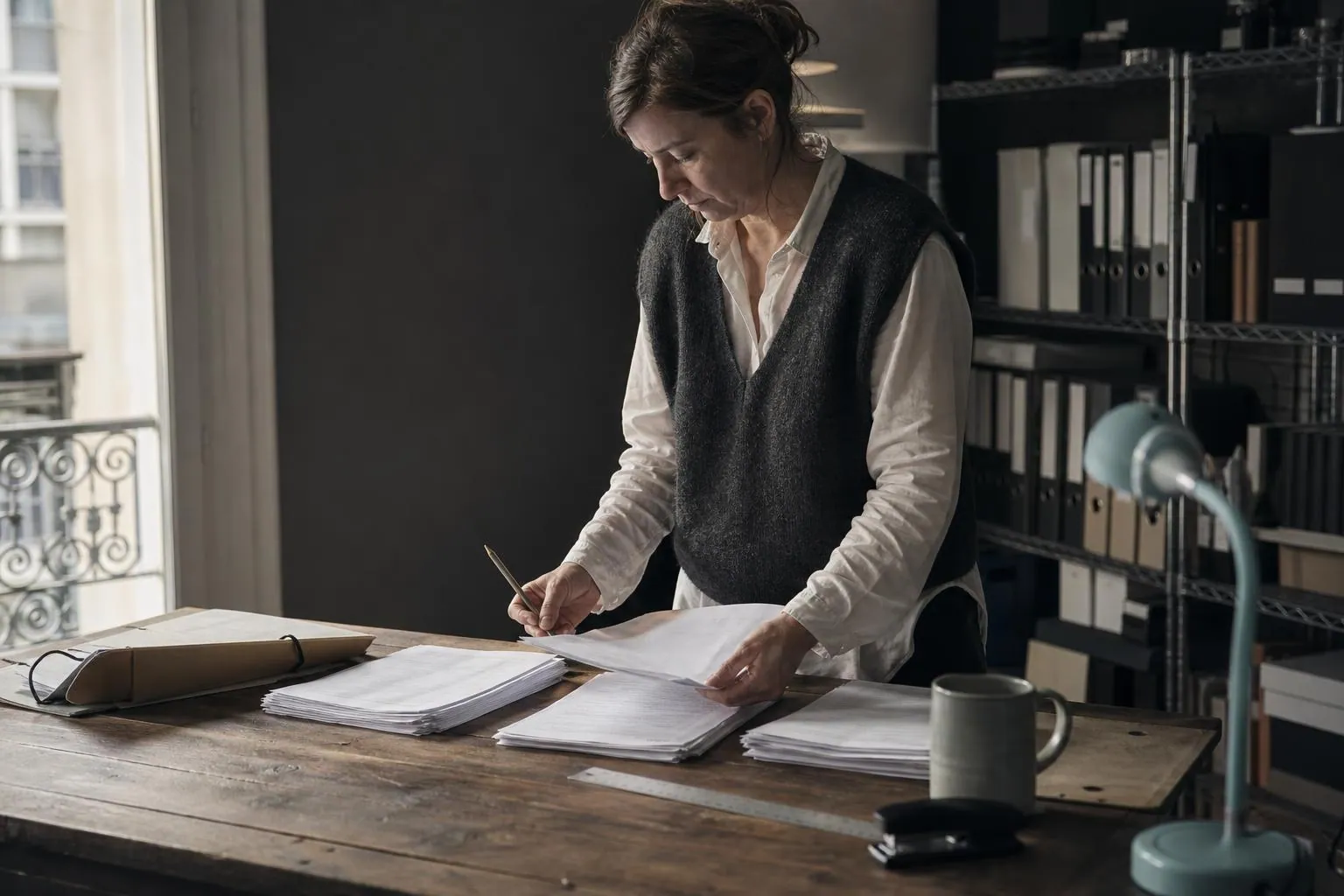 Une directrice de cinema trie des feuillets de recettes en piles sur la table de son bureau, un crayon a la main