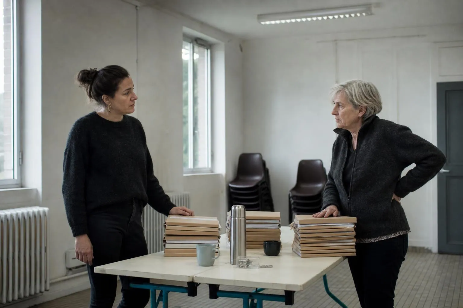 Deux programmatrices comparent trois piles de dossiers posees sur une table pliante dans une salle de reunion associative