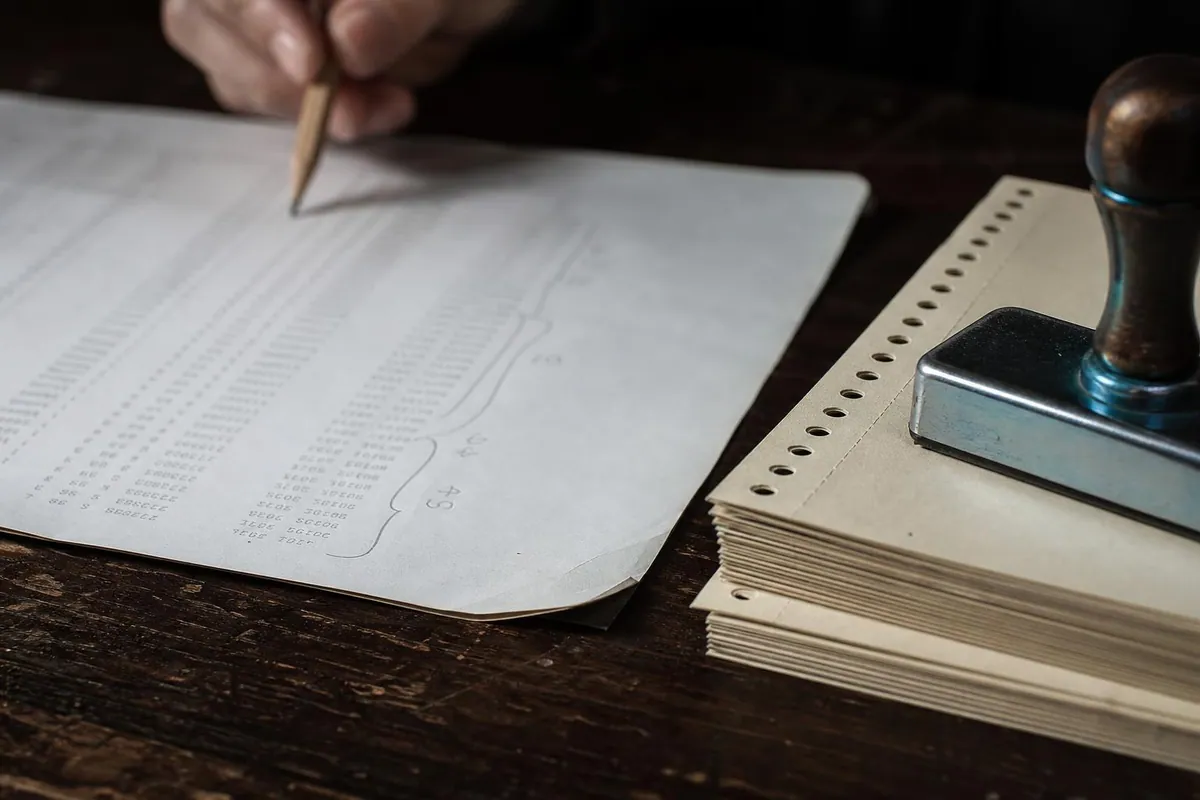 Gros plan sur un feuillet de recettes hebdomadaire annoté au crayon, posé sur un bureau à côté de billets à souche détachable et d’un tampon encreur