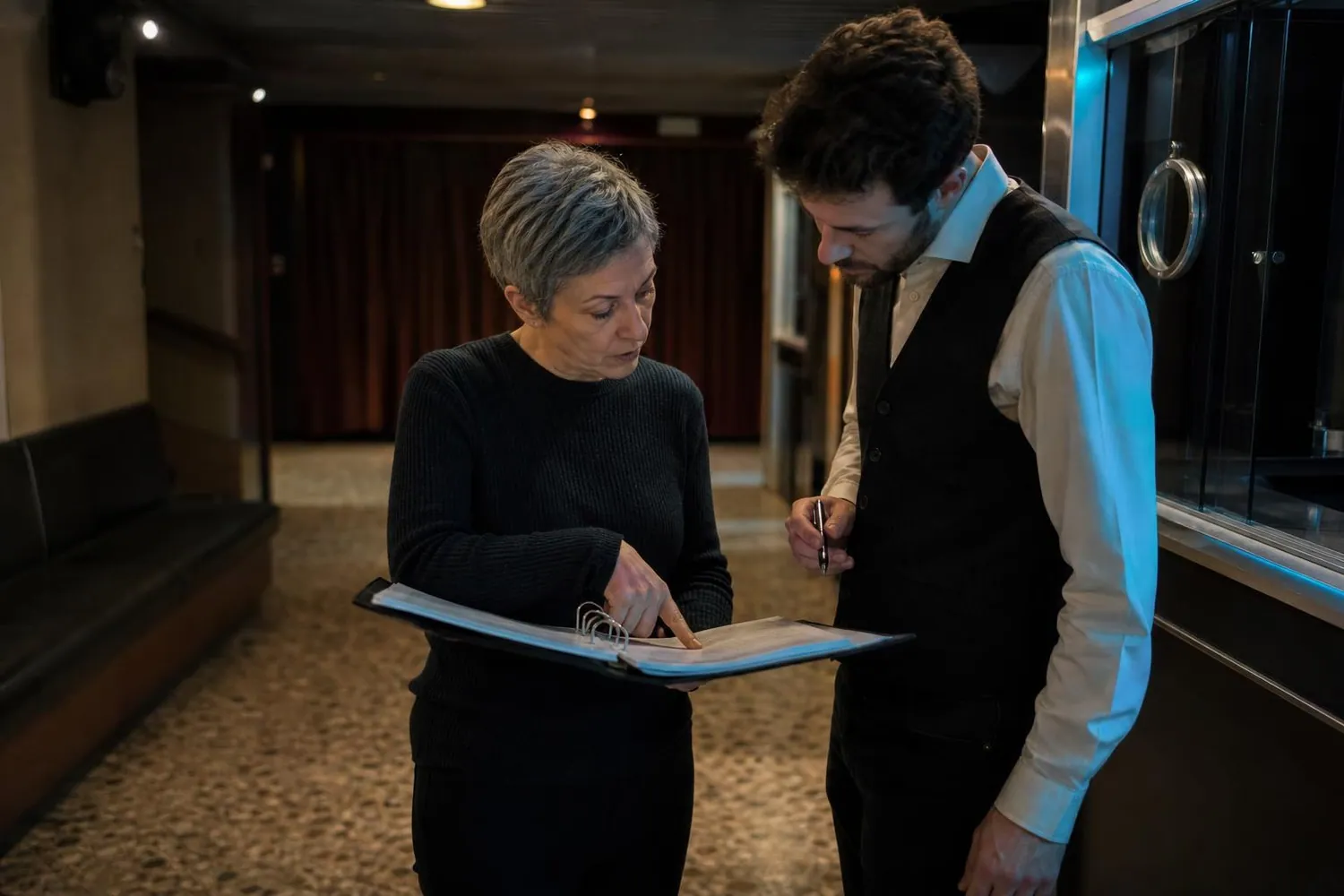 Une directrice de cinéma et un programmateur discutent debout dans le hall d’une salle indépendante, un classeur ouvert entre eux, avant l’ouverture au public